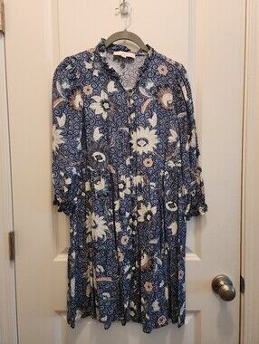 LOFT Navy Floral Tiered Button-Front Long Sleeve Dress